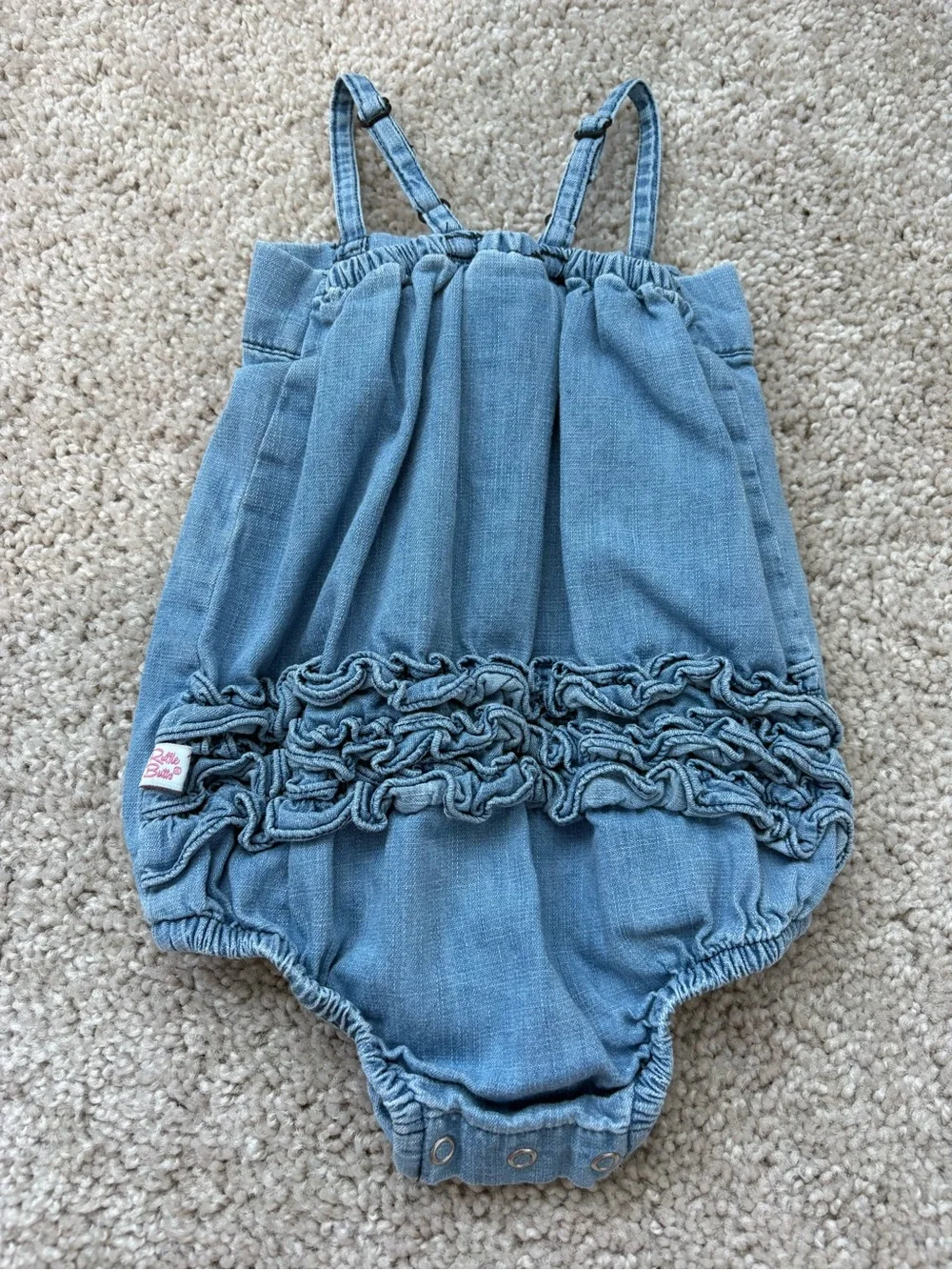 Ruffle Butts Light Blue Denim Bubble Romper with Bow